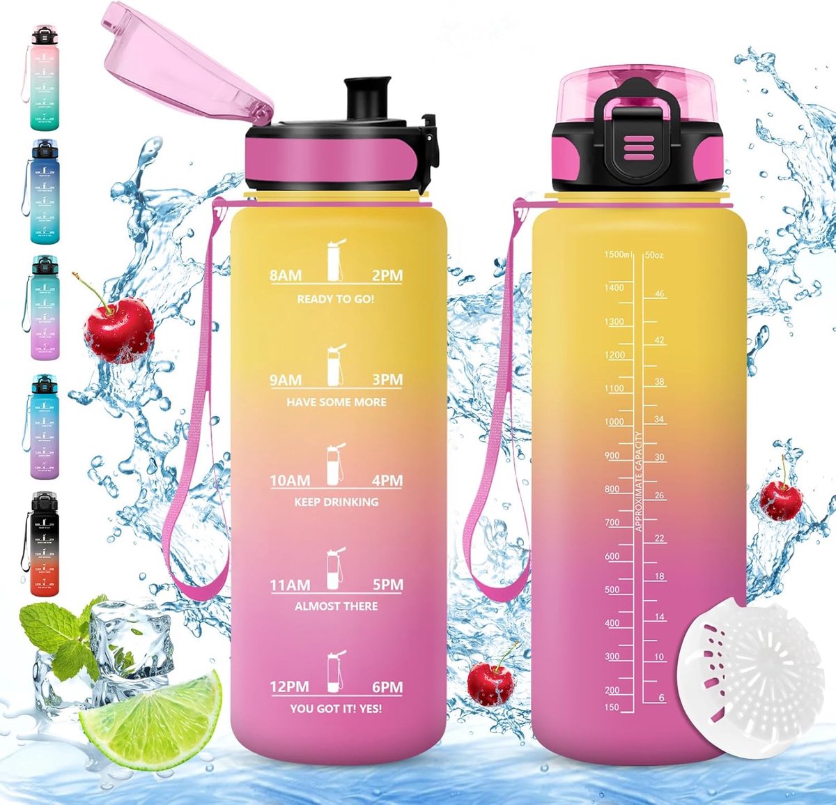 Grote drinkfles, 1500 ml, BPA-vrije drinkfles, fiets, lekvrij, geschikt voor koolzuurhoudende dranken, sport voor fiets, fitness, outdoor