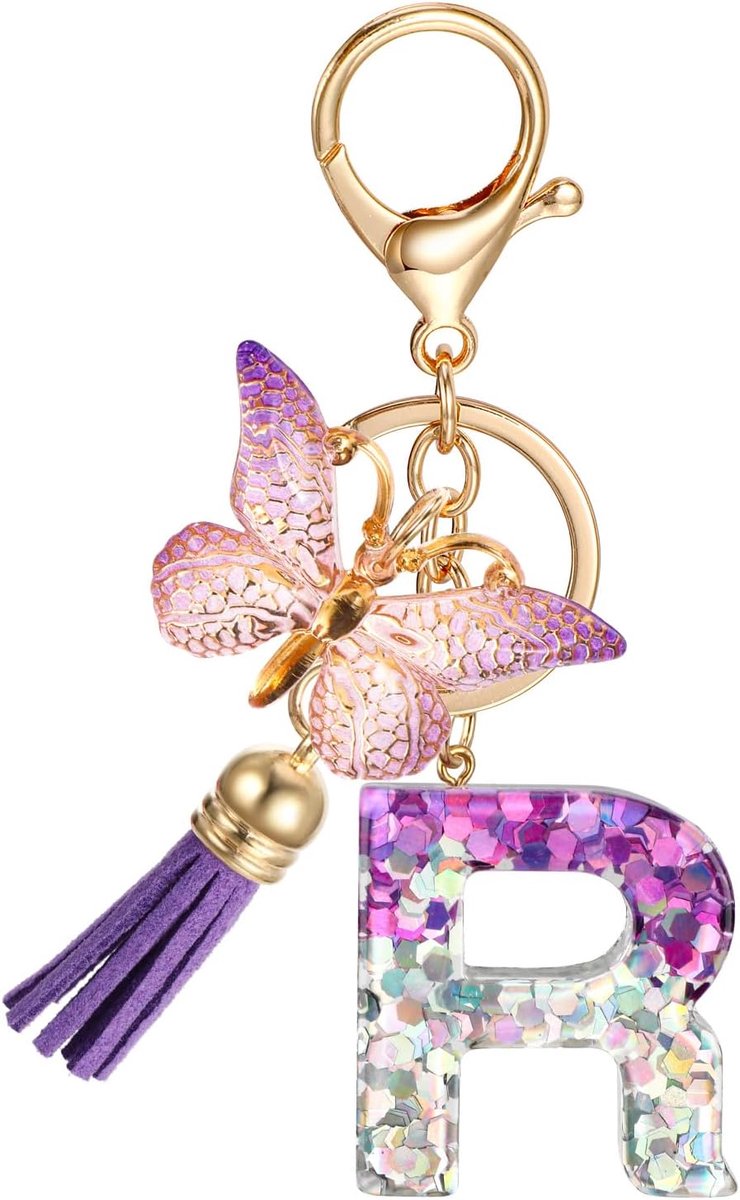 Sleutelhanger met initiële brief, paarse pailletten, hars, alfabet, brief, sleutelhangers voor vrouwen, meisjes, vlinder kwastje hanger sleutelhanger tas charme