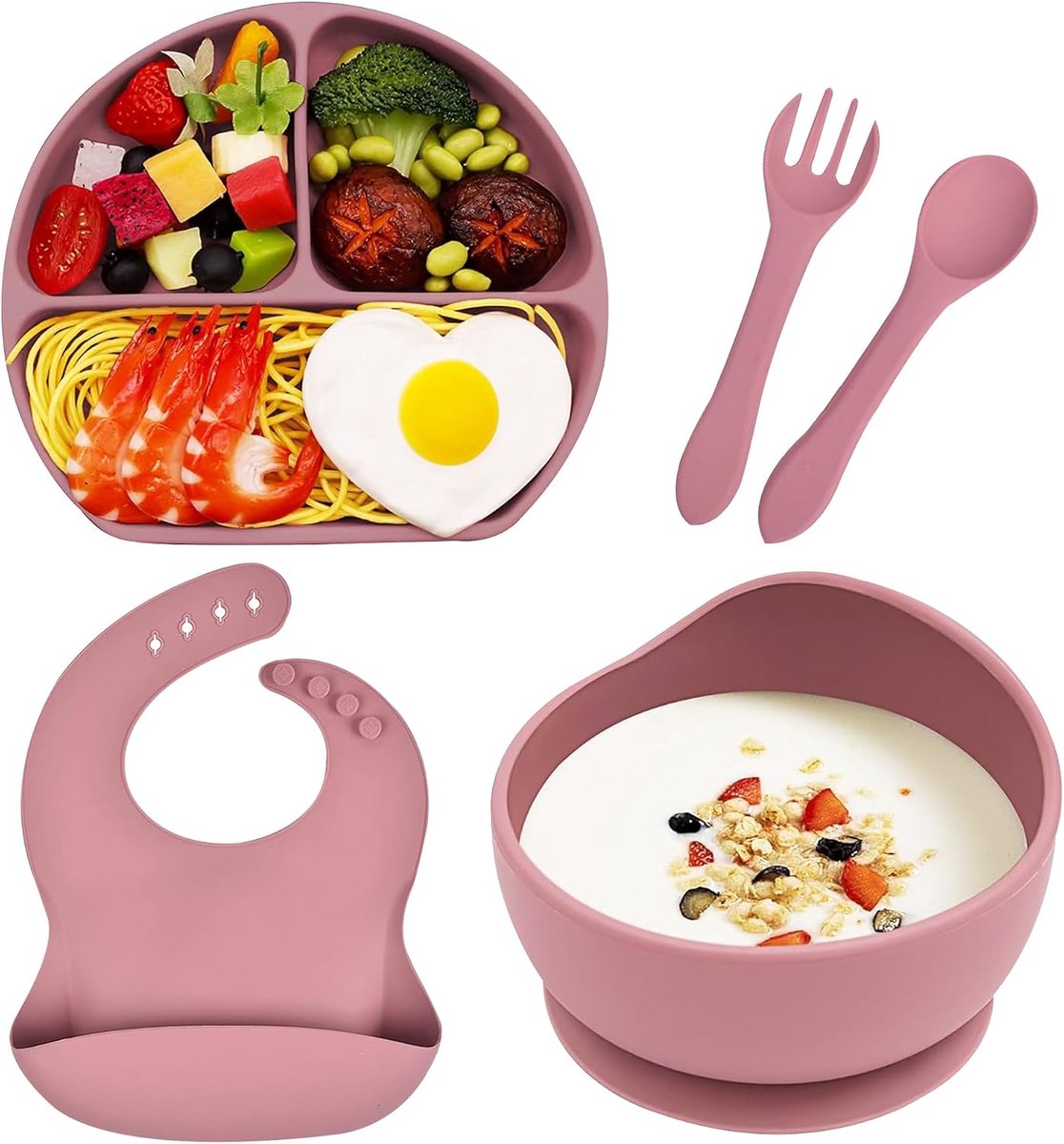 Babybord met Zuignap Siliconen Kinderbord Voederset Kinderen 5 Delig Babyslabbetje Antislip Babyservies Plaat Kommen Set Peuterbordjes Vork Lepel BPA-vrij, Roze