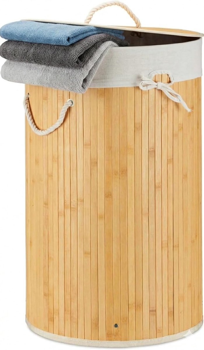 Wasmand van bamboe, met uitneembare waszak, 60 liter, met handgrepen en deksel