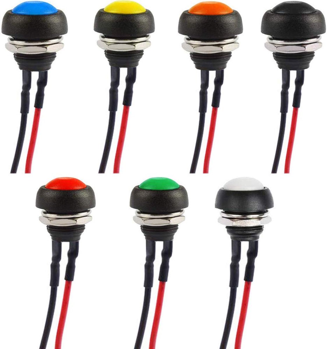 Moment-drukschakelaar, 12 mm, mini-momentdrukknoppen, ON-OFF waterdichte drukknop voor auto, boot, Arduino dhz, rond, 7 kleuren (met draad), 7 stuks