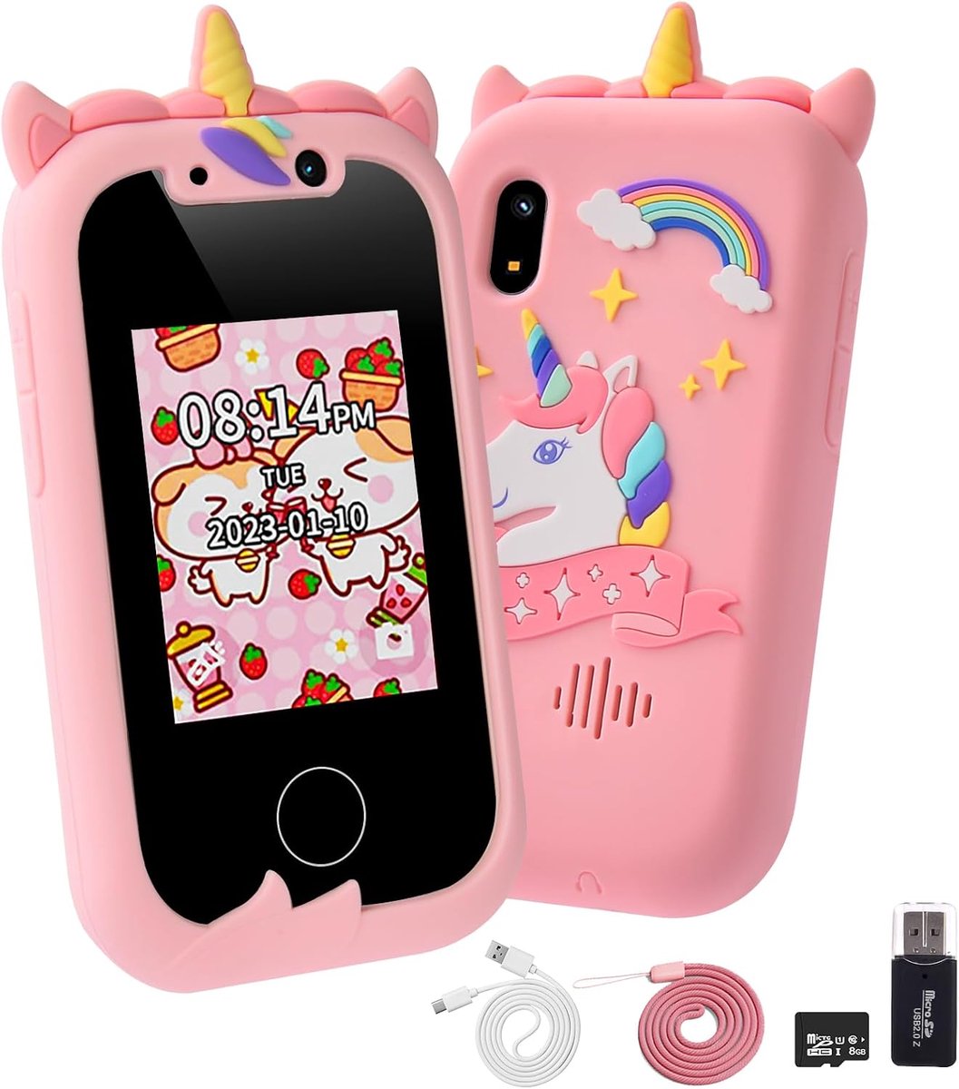 Kid Smart Phone voor meisjes, roze eenhoorns kinderen speelgoed telefoon geschenken, touchscreen leren onderwijs telefoon met dubbele camera, Kerstmis verjaardagscadeaus voor 3 4 5 6 7 8 9 jaar
