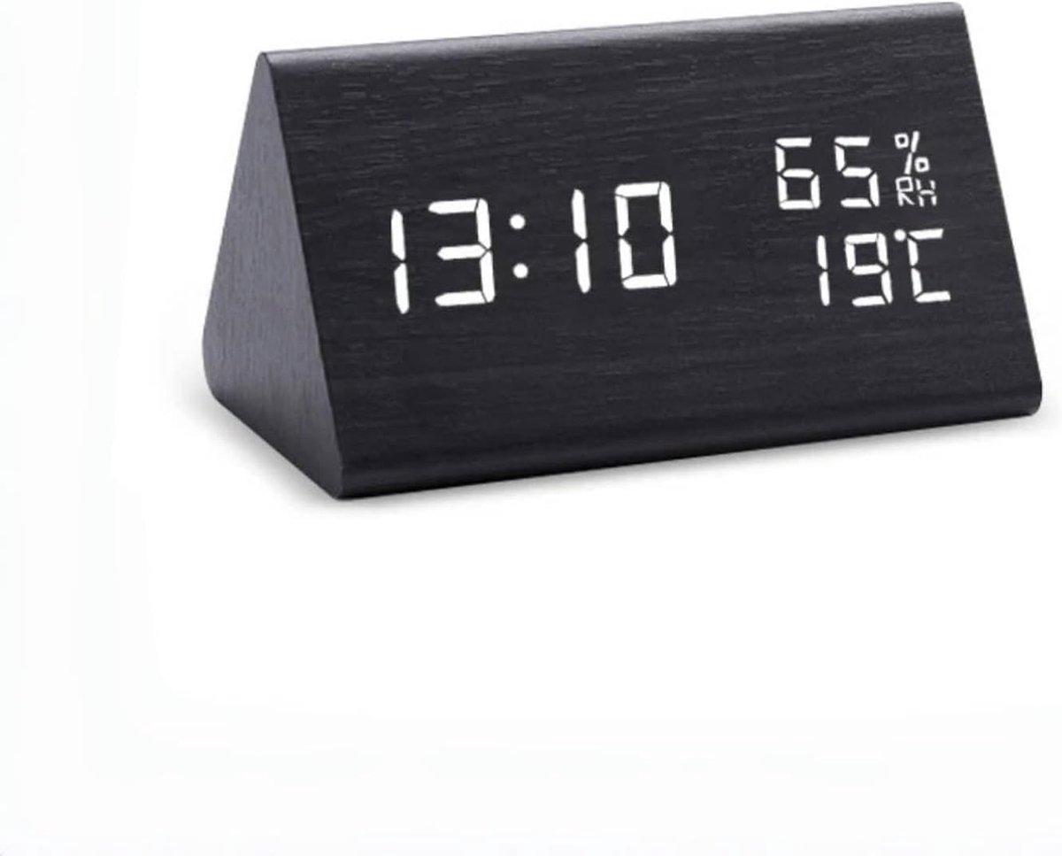 Digitale wekker voor nachtkastje houten elektrische klok vochtigheid en temperatuurdetectie dimbaar 3 alarminstellingen zwart_wit