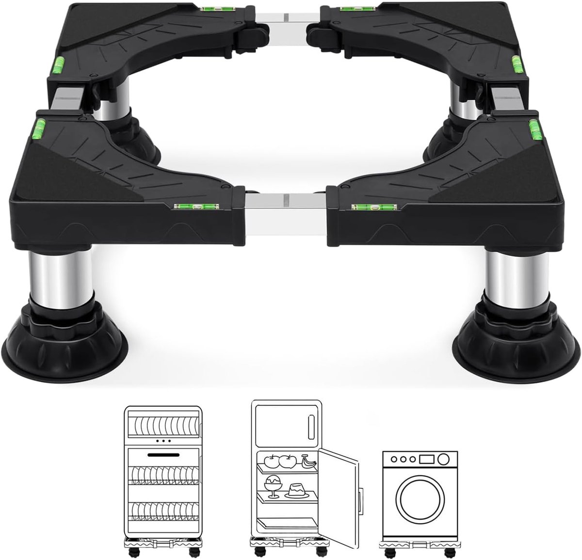 wasmachine voet met 4 sterke stalen poten plinthoogte 16-19cm, mini koelkast voet voor wasmachine droger vaatwasser, zwart (verstelbaar 40-65cm)