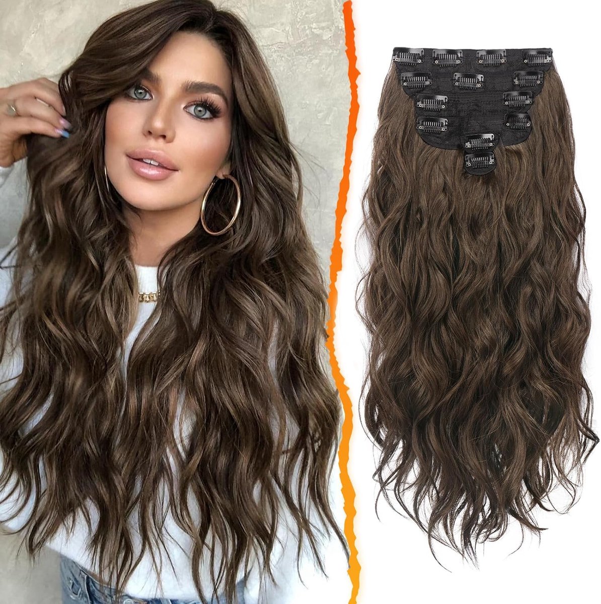 Clip in Extensions, 50cm Golvende Clip in Haarextensies Bruin voor Vrouwen 6 PCs Dik Krullend Natuurlijke Synthetische Hair Extensions Haarstukken - Bruin