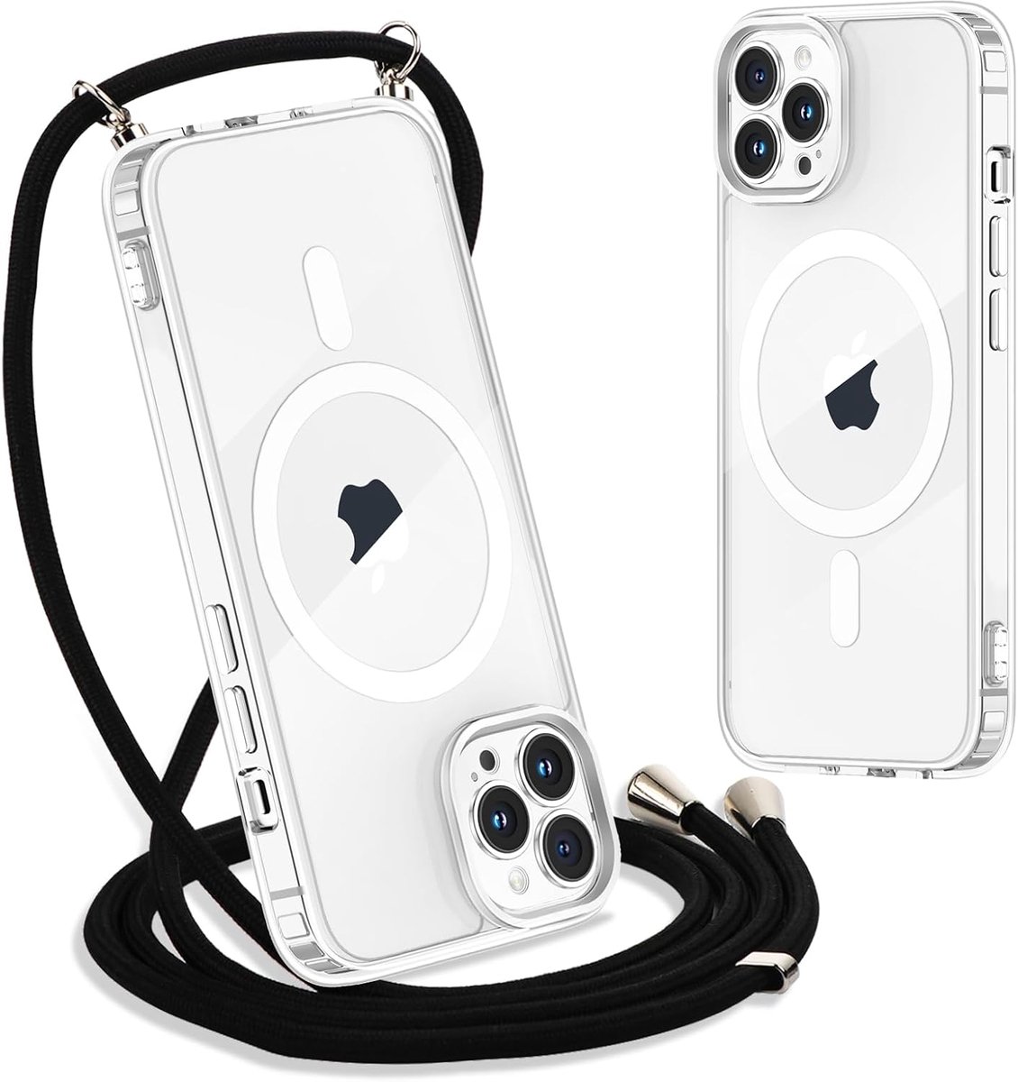Telefoonband voor iPhone 16 Pro Hoesje met Band 6,3", Transparante Magnetische Telefoonhoesje [Compatibel met Magsafe], Slank Dun Siliconen TPU Schokbestendige Beschermhoesje met Koord om Om te