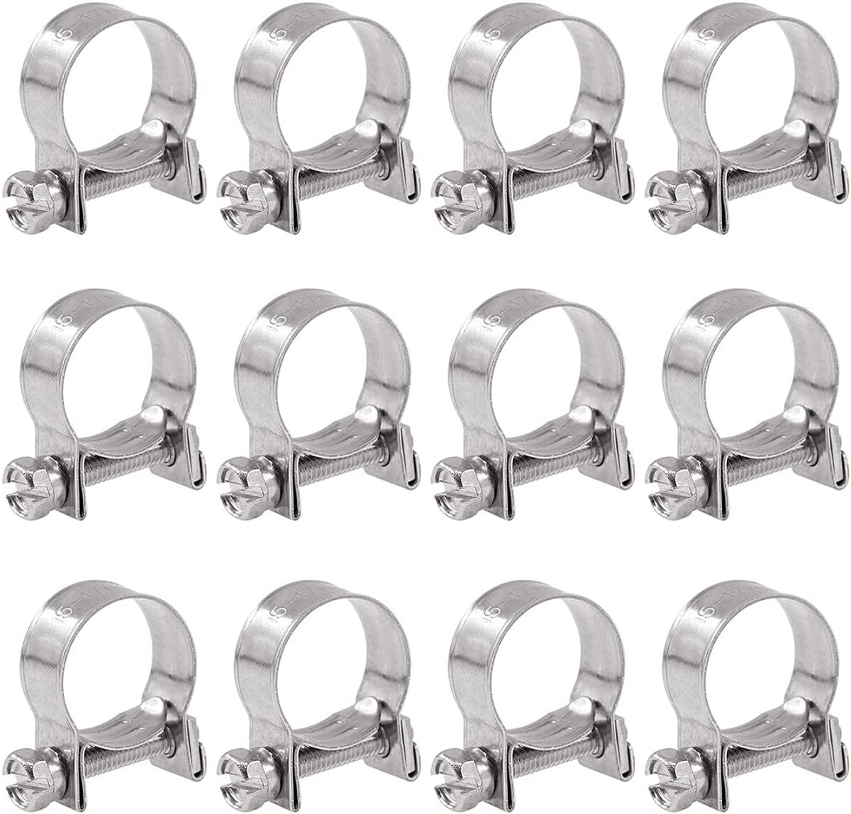 12 stuks 15-17 mm roestvrijstalen mini-brandstofinjectieslangklemmen, verstelbare pijp, slangklem, buisklemmen, set (19/32"-11/16" Dia)
