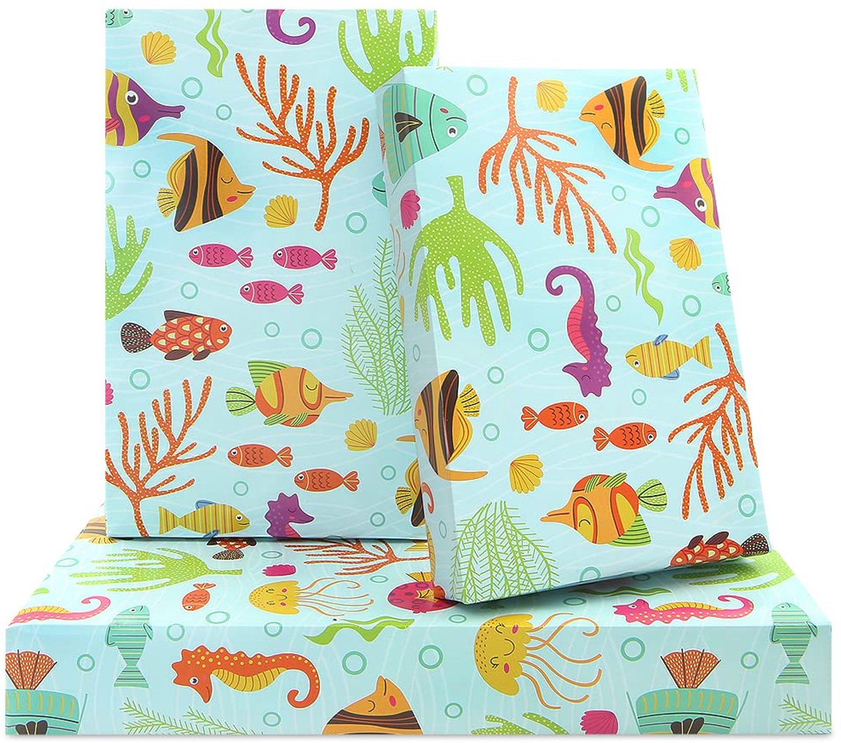 verjaardag inpakpapier voor kinderen meisjes jongens, onder het water dier kust ontwerp lichtgroen geschenkpapier voor verjaardag babyshower, 4 vellen plat gevouwen 50x70cm per vel