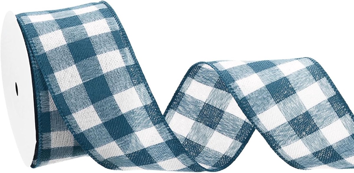 Linten 5-1/2 cm x 10 meter, herfst geruite jute lint voor Thanksgiving herfst feest doe-het-zelf ambachtelijke grote strikken krans verpakking, blauw/wit
