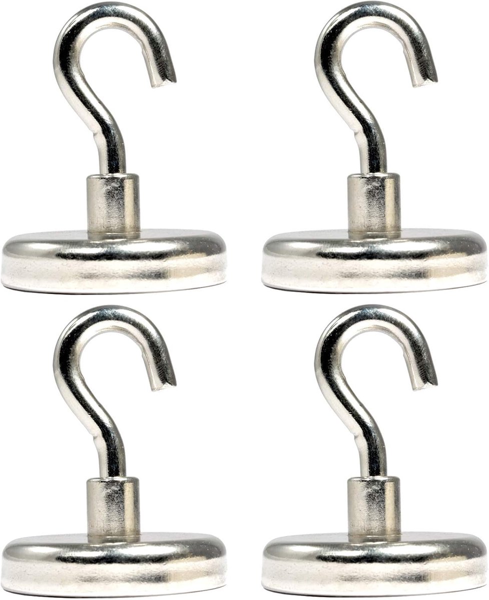 [4 stuks] magneethaken - neodymium magneethaken - 42 mm - 70 kg extra sterke potmagneet met schroefdraad M6 - magneethouder met haak om op te hangen - ronde platte grijper