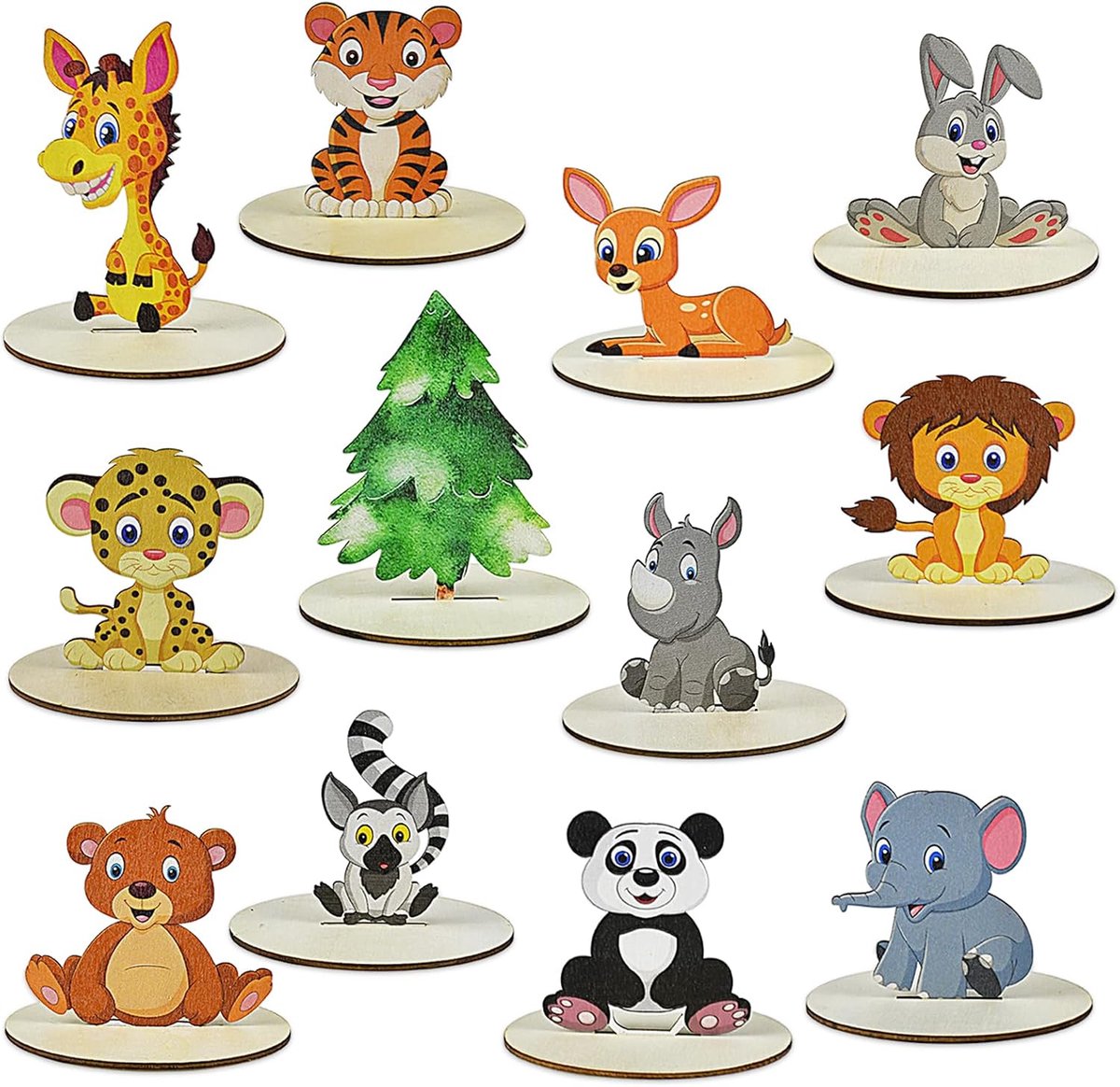 Decoraties voor bosdieren, taartdecoraties van hout, decoratieset voor bosdieren, verjaardagsdecoratie, thema bosdieren, cake, tafeldecoratie voor feestjes (12 stuks)