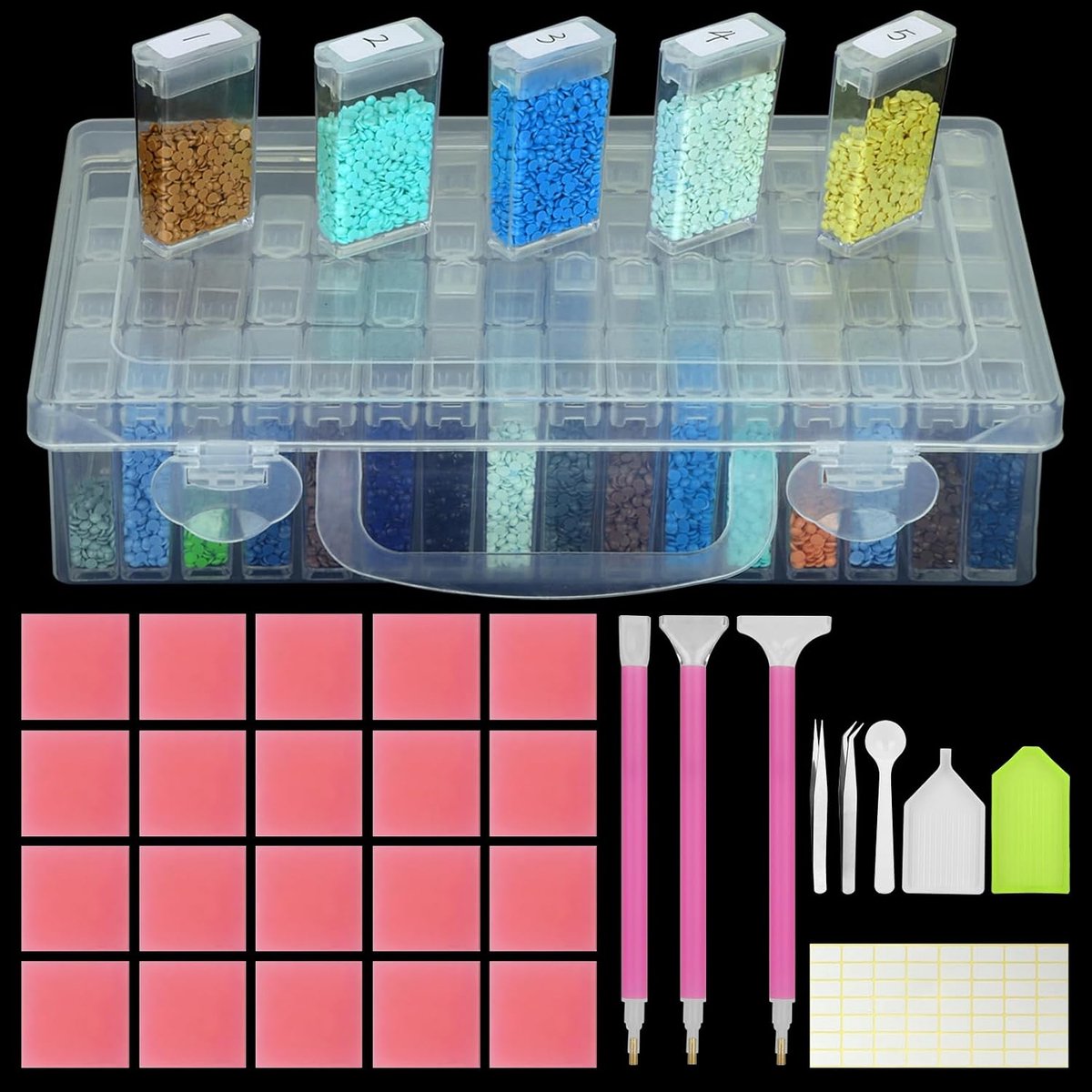 5D Diamond Painting Accessoires Dozen,Diamond Painting Accessoireset Opbergdoos Gereedschapsset,met Koffer Trechter Stickers Flessen voor Diamant Kralen Zaden Sieraden DIY Volwassenen Kinderen