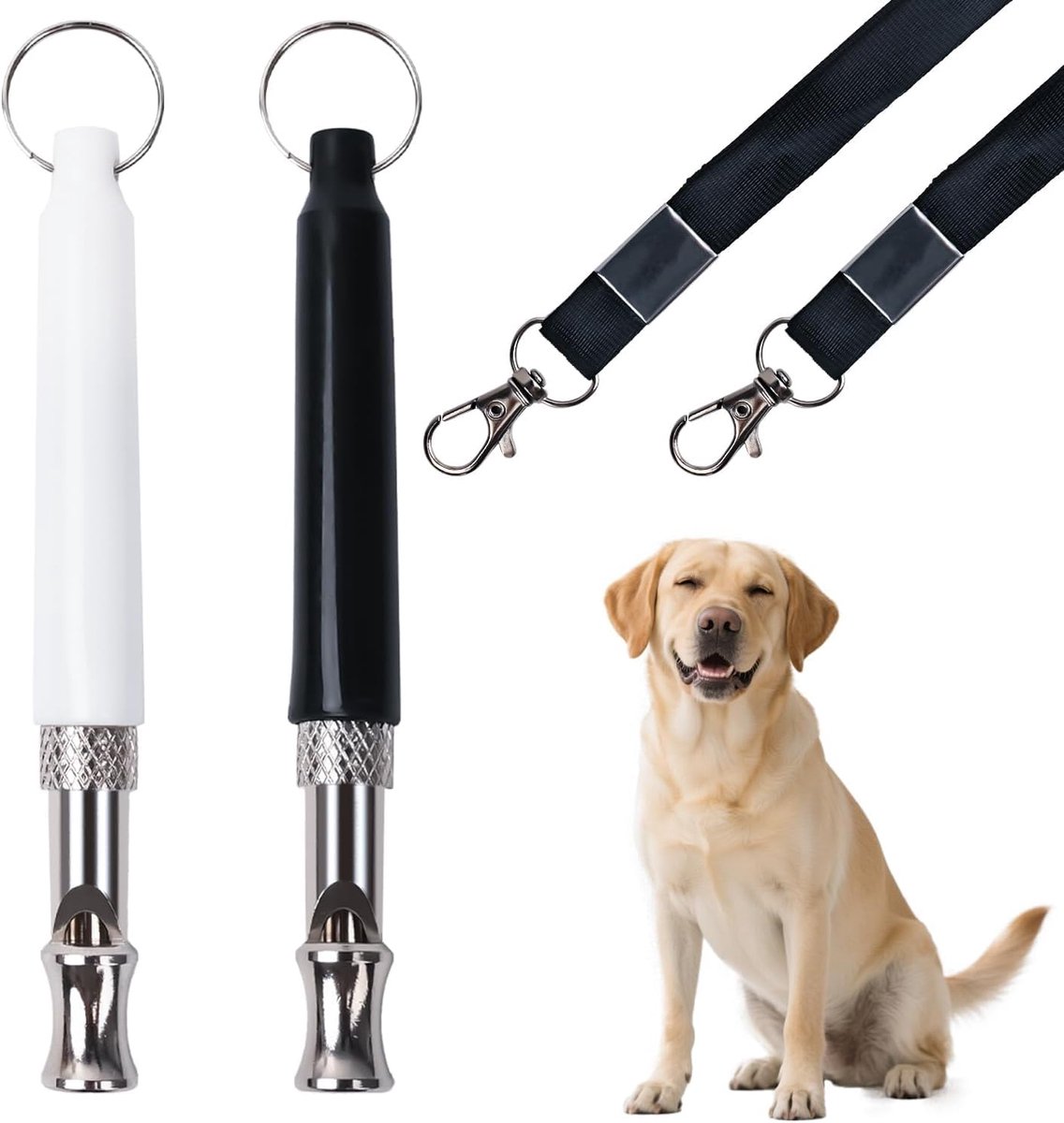 Set van 2 verstelbare trainingsfluitjes voor honden met koord, stille fluitjes met hoge frequentie voor terugroepen en blafcontrole (wit + zwart)