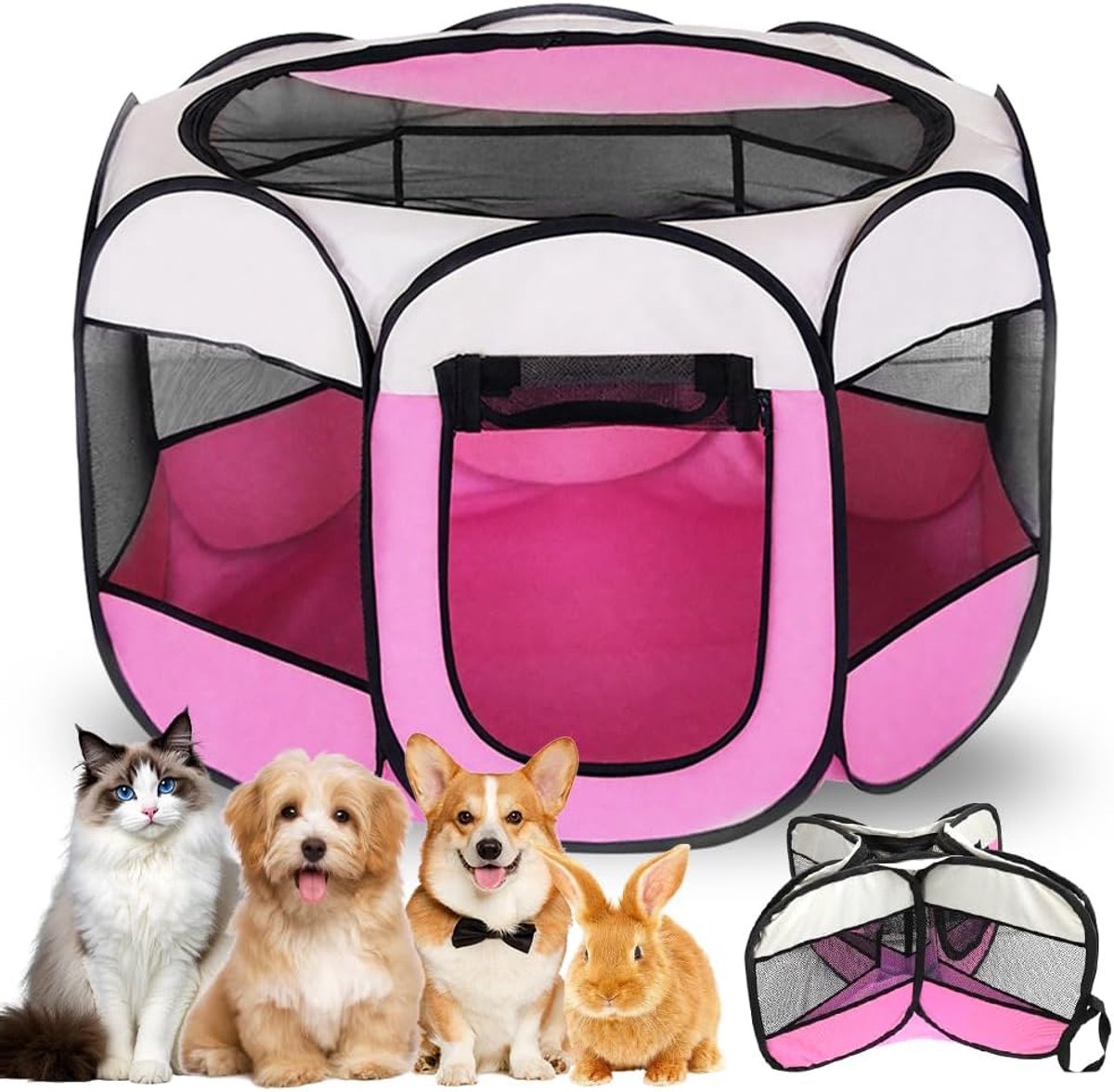 hondenbox, opvouwbaar, 74 x 74 x 43 cm, puppybox, kattenhok voor kleine dieren, voor thuis, box, vrijloopren voor honden, katten, konijnen, binnen en buiten (roze)