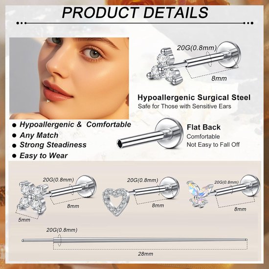 4 paar Flat Back oorbellen voor dames - 20G 8 mm roestvrij staal push-in neuspiercing met hart, bloemen en vlinders zirkonia voor helix, tragus, conch en daith piercing sieraden — afbeelding 4