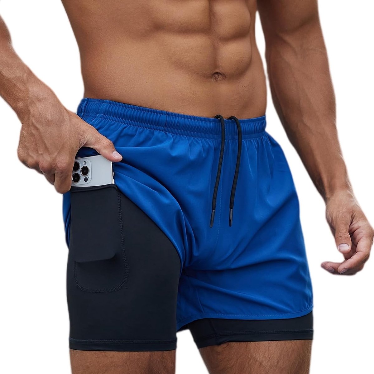 Shorts voor heren, korte broek, sneldrogend, 2-in-1 hardloopshorts, licht met ritssluiting, sportbroek met zakken, broek, fitness, loopbroek, trainingsshorts