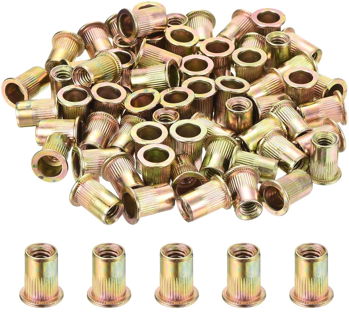 70 stuks schroefdraadmoeren met platte kop van verzinkt koolstofstaal 1/4"-20 met gegroefd lichaam
