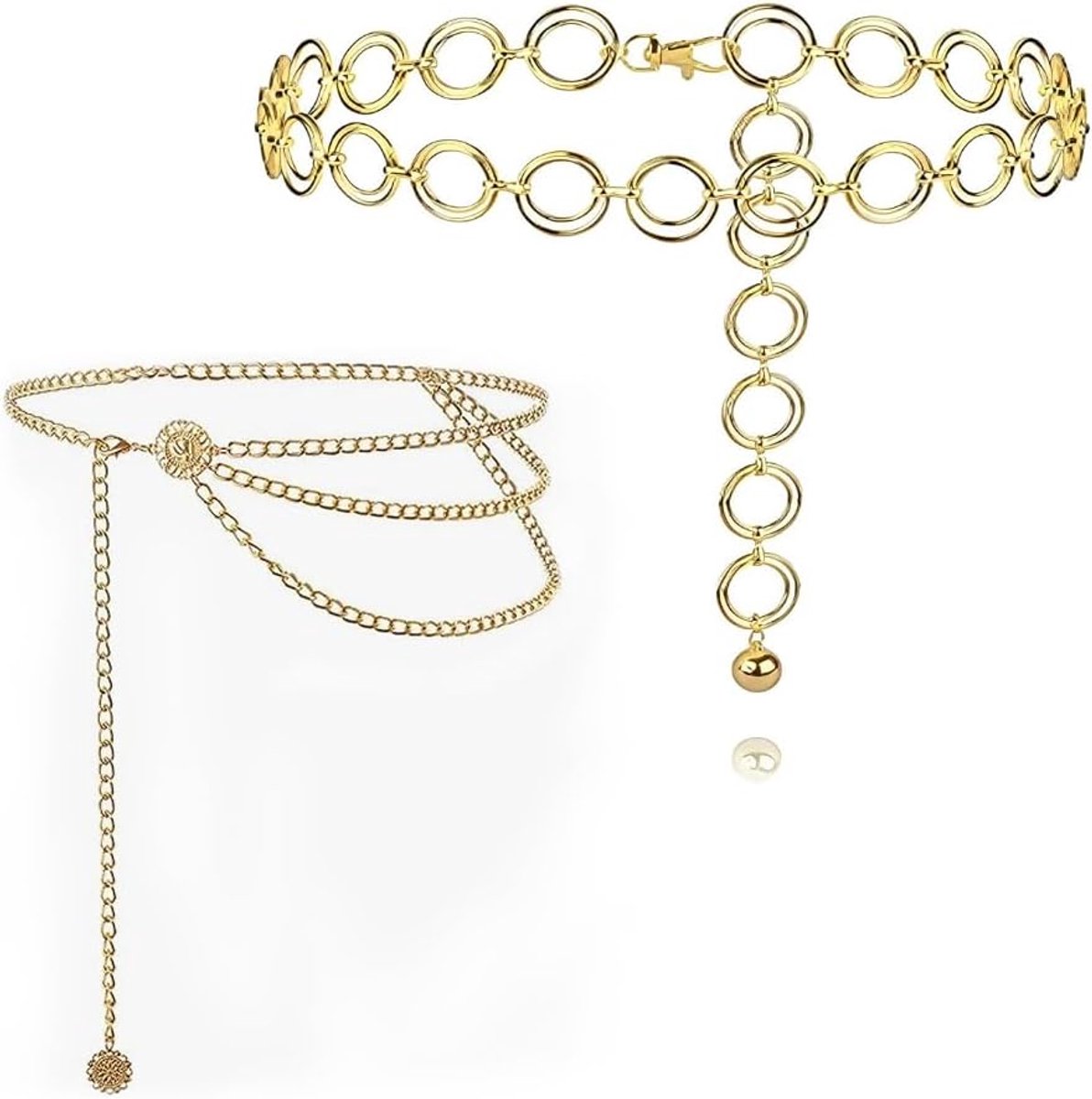 2 stuks meerlaagse metalen kettingriem, metalen riem voor dames, verstelbare taillekettingen vintage mode voor dames, voor jeans, leren rokken, jurken