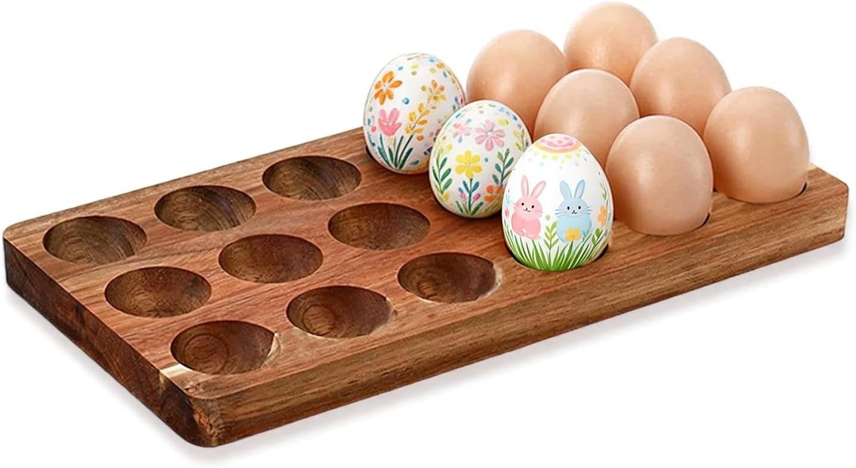 Houten Eierenhouder, Rustieke Eierschaal voor18, Eierschaal voor Keuken of Koelkast, Gevulde Eieren Platen, Keuken of Koelkast Organizer, Gemakkelijk te Reinigen, Paasdecoratie