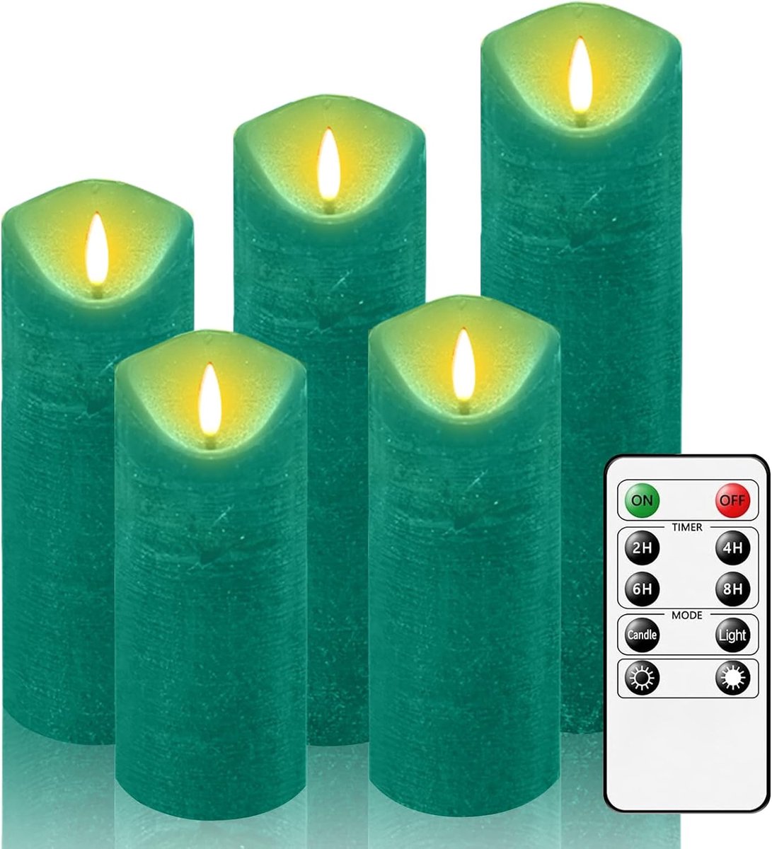 5-delige set, vlamloze kaarsen, batterijkaarsen, 24 uur timerfunctie met afstandsbediening, dansende vlam, led-staafkaarsen, woondecoratie, Kerstmis, verjaardag, feest (groen)
