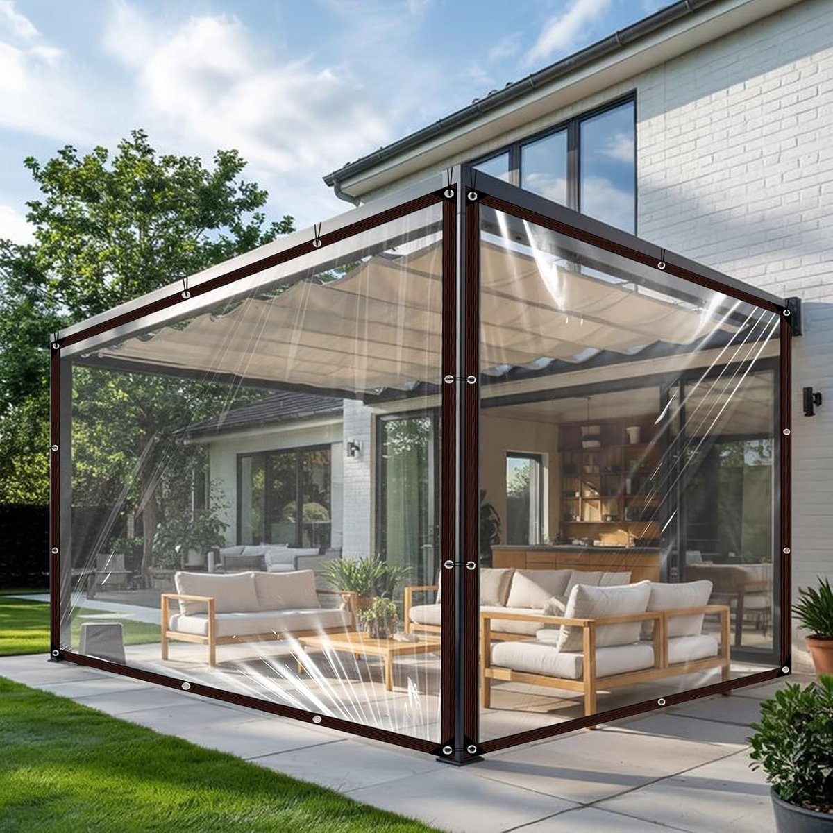 waterdicht, transparant, met oogjes, voor buiten, balkon, regenbescherming, tuinmeubelen, buiten gebruiken, regendicht, met knoopband, 3 m x 3 m