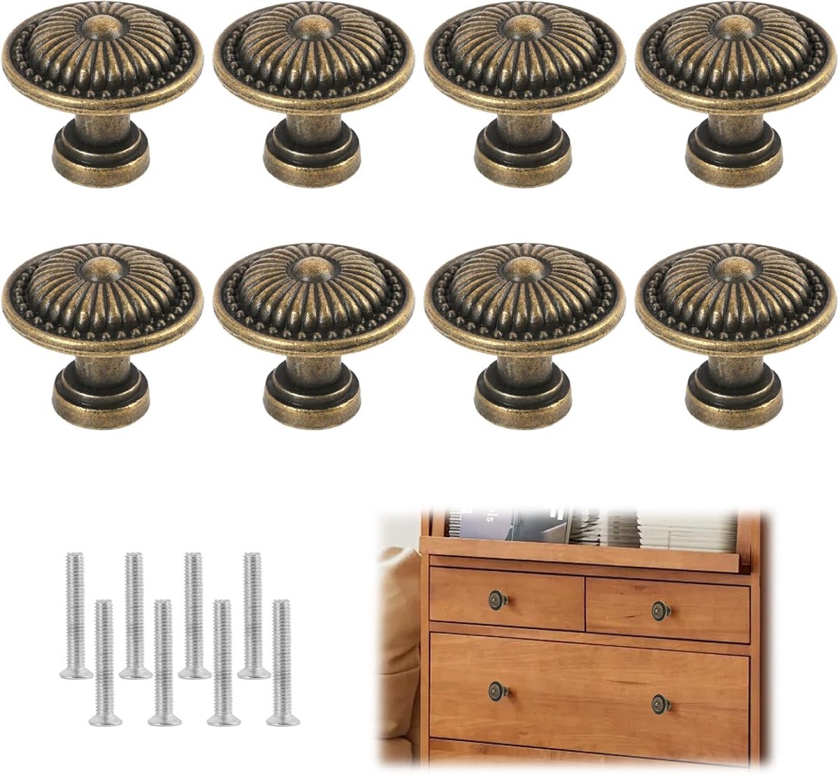 vintage 8 stuks, kastknoppen brons metaal 26 mm, retro commode knoppen en ladeknoppen met schroeven, knop voor kast en deurknop vintage, meubelknop voor keuken, badkamer, commode