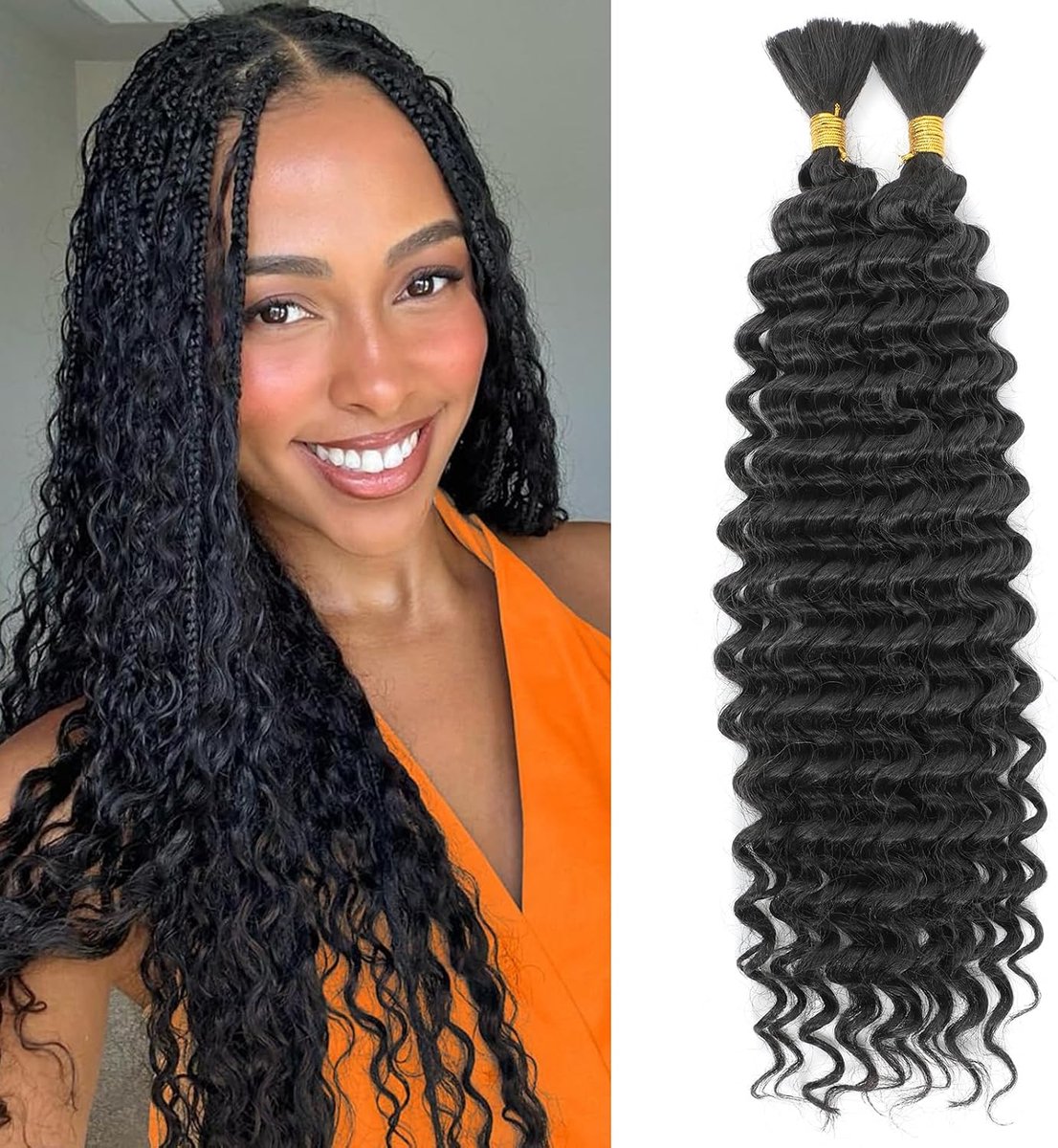 Haarextensies, diep golvend bulk haar voor vlechten, 45 cm, geen weft, diepe golvende bundels, krullend, haarextensions voor boho vlechten en golvend vlechten, 2 vlechten per verpakking (1B, 45