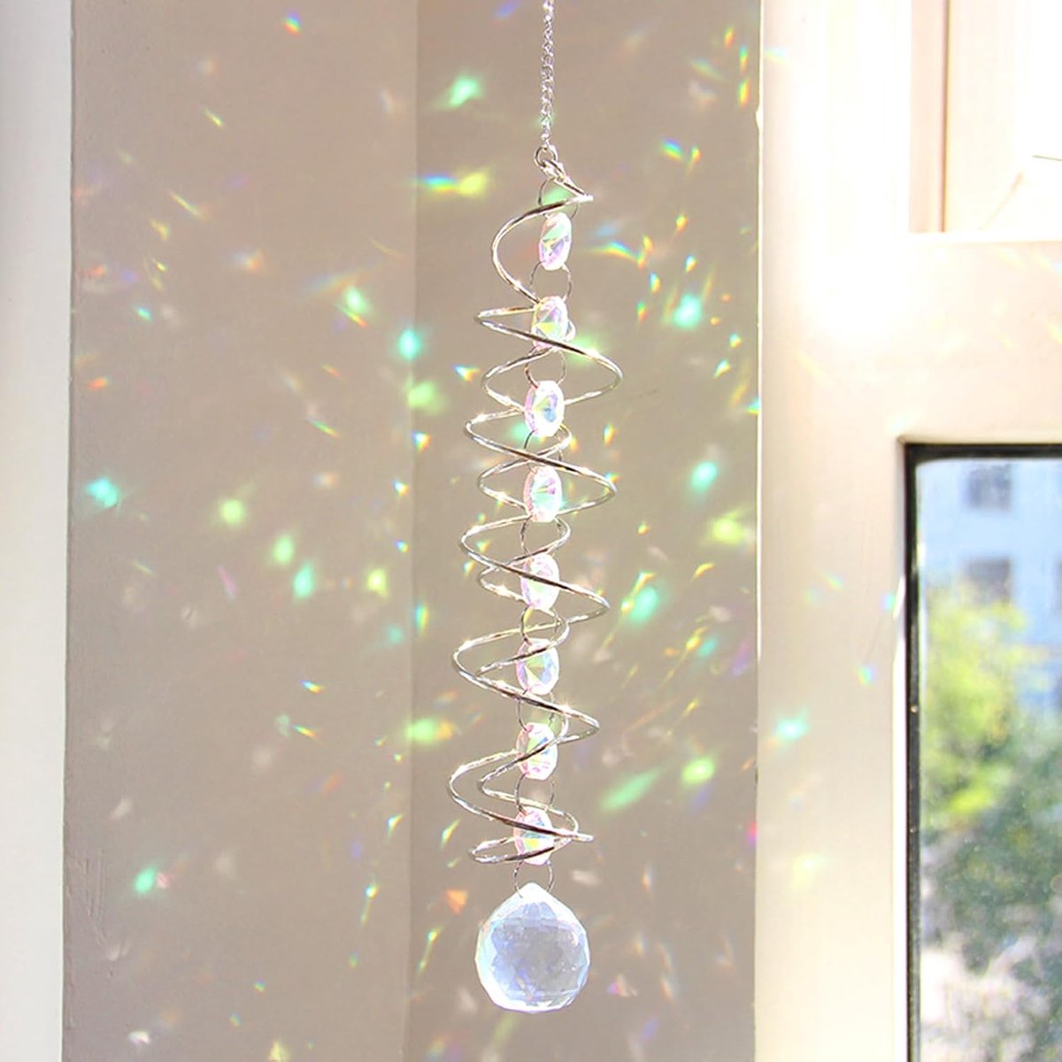 45 cm kristallen zonnevanger windspel - kleurrijke regenboog-zonnevanger met dubbele spiraal en chakra-kralen - decoratieve hangende zonnevanger voor ramen, tuin, balkon, bruiloft - binnen- en