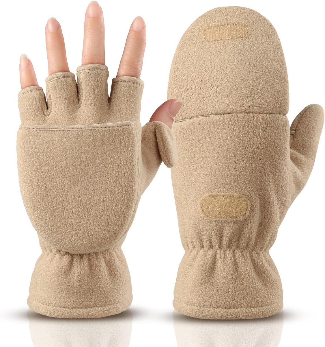 Handschoenen met dop, voor dames en heren | 2-in-1 vouwhandschoenen van winddicht fleece voor wandelen, fietsen en fotografie. Geschikt voor touchscreen, abrikoos