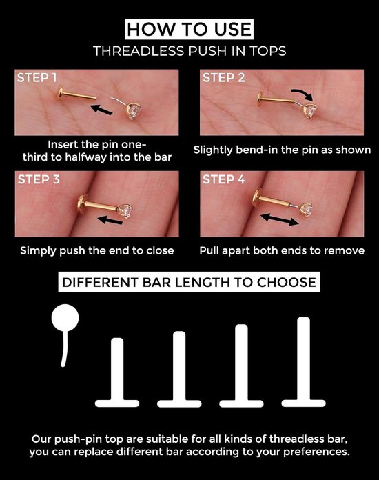 Body Piercing Titanium 18G/16G Labret Studs Lip Stud Medusa Piercing Threadless Labret Bars Push in Cartilage Helix Tragus Piercing Jewellery Flat Back Earring 6mm 8mm for Women Men — afbeelding 5