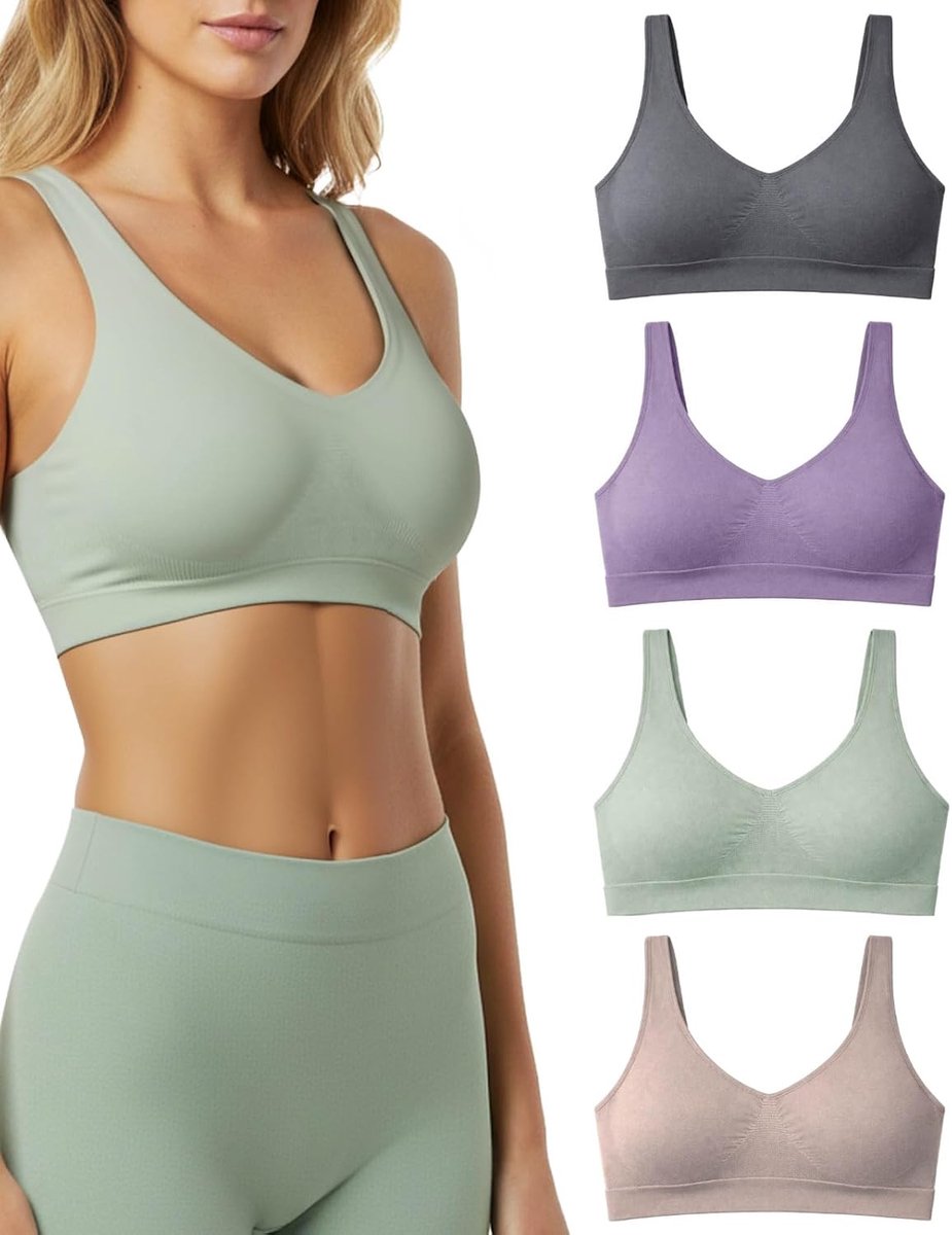 BH zonder beugel, brede schouders, ecologisch vriendelijk, 4 stuks - Brassiere damesbeha van zachte microvezel Yees Green, naadloze beha, duurzaam en ademend ondergoed - Made in Italy