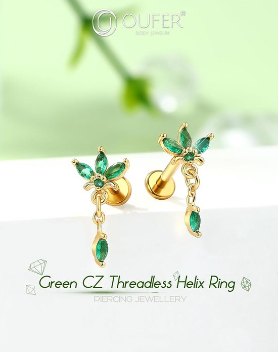 16G gouden bloem conch piercing threadless earring chirurgisch staal 316L kraakbeen oorpiercing groen dangle marquise CZ helix tragus sieraden voor vrouwen 6/8 mm lip stud — afbeelding 4