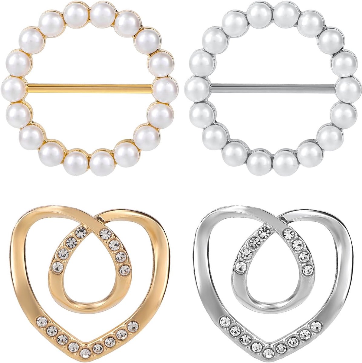 lasuroa 4st Sjaalringen voor Dames, T-Shirt Stropdassen Clips en Taille Gespen Hartvormige Ronde Cirkelvormige Shirt Ringen en Slides voor Zijden Sjaals Riemen Kledingaccessoires (Goud, Zilver)