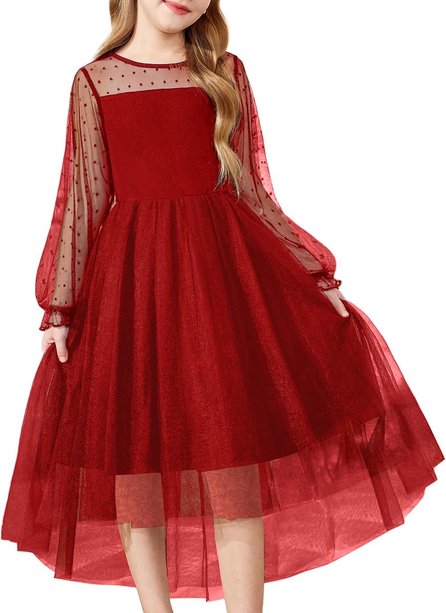 Jurk voor meisjes, feestelijke jurk met lange mouwen, mesh, tule jurk, kinderen, high low partyjurk, bruiloft, bloemenmeisjesjurken, communiejurk, 6-16 jaar