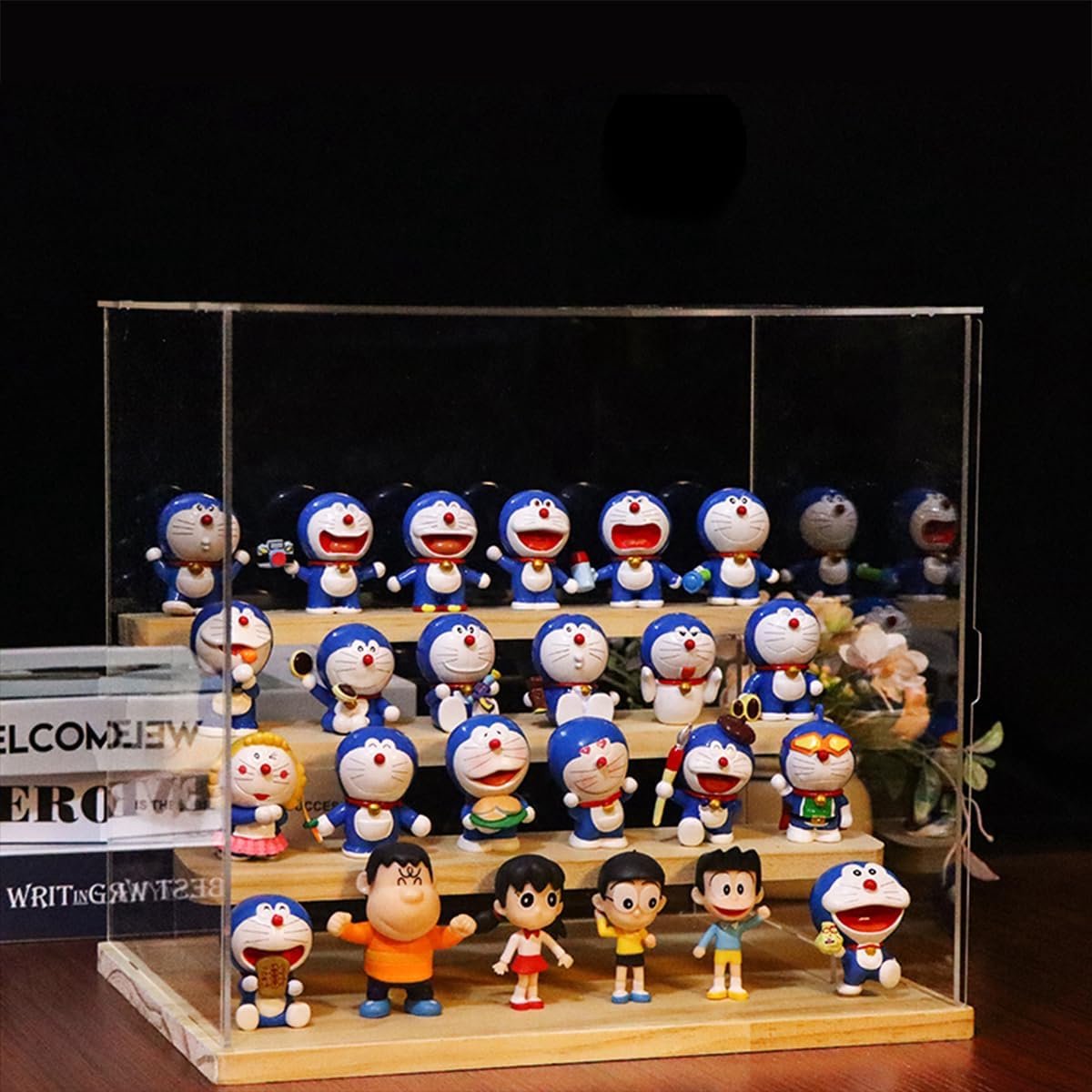 Vitrine van acryl met 5 niveaus, kleine vitrine voor verzameling, vitrine, figuur voor pop, vitrine, auto, miniatuur, opslag, geur (houtnerf, 30 x 28 x 30,2 cm)