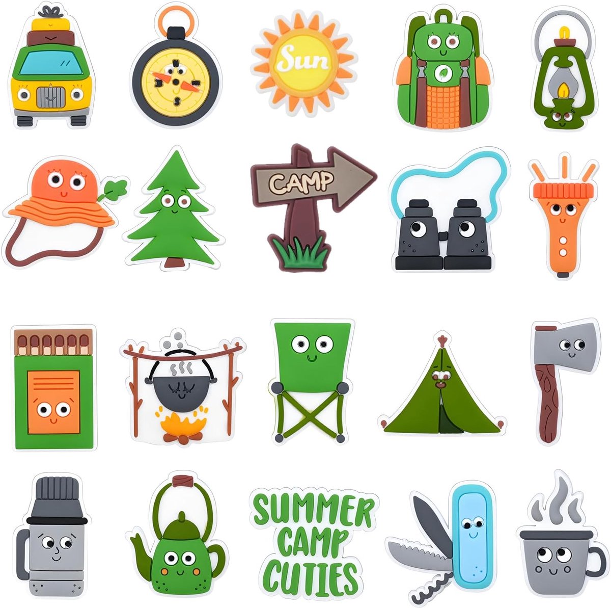 20 STKS Camping Schoen Decoratie Charms, Wandelen Reizen Outdoor Cartoon Charms voor Klomp Sandalen Polsband Armbanden, PVC CLOG Charm Accessoires voor Meisjes Jongens Tieners, Party Favor Verjaardag