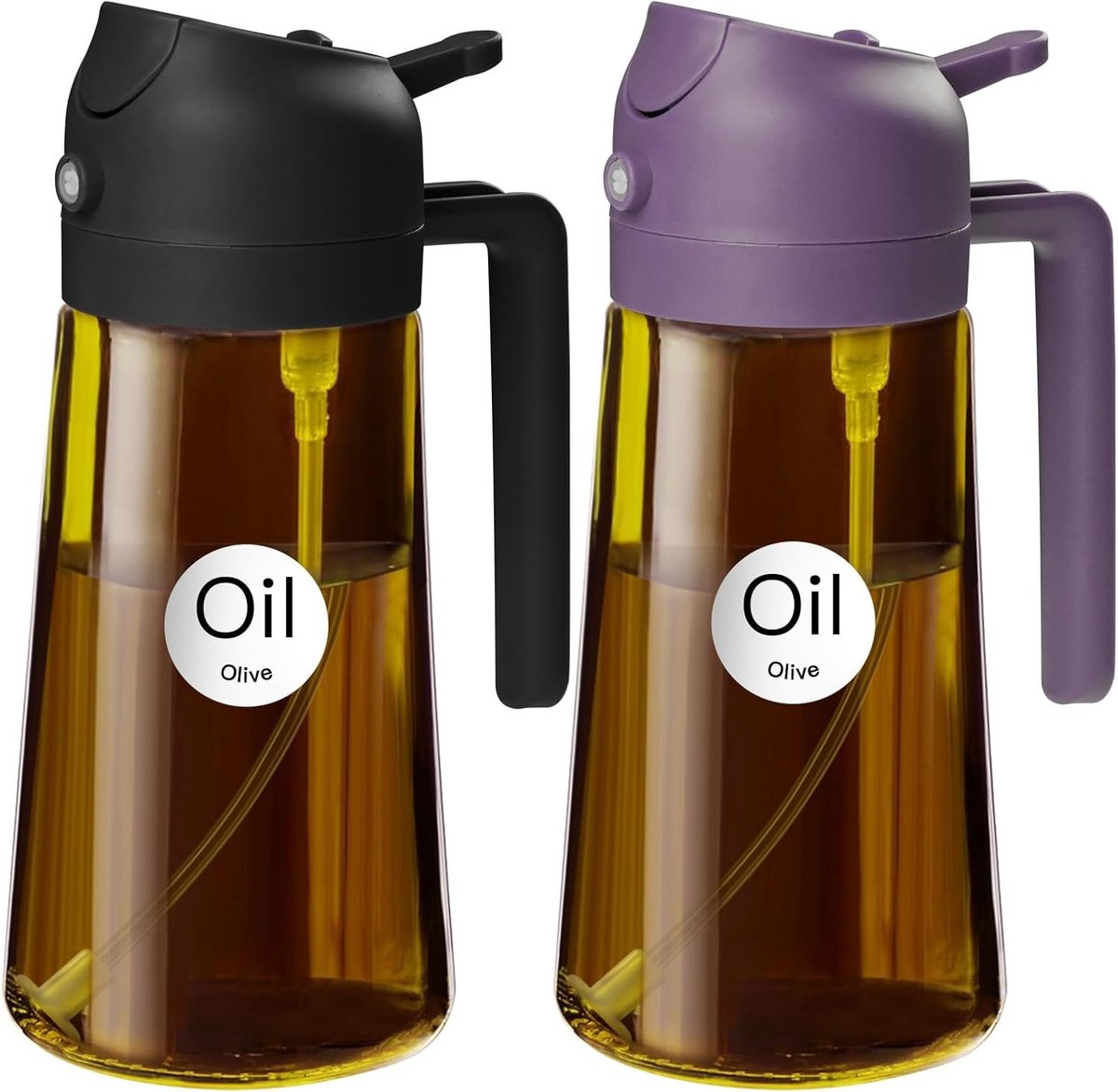 470 ml donkerbruine oliesproeier voor koken met stickers, voedselveilige premium 2-in-1 olijfoliedispenserfles voor keukengadgets, heteluchtfriteuse, salade, frituren, barbecue (zwartpaars)