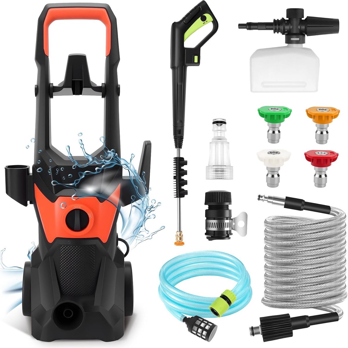 Hogedrukreiniger, debiet 336 l/u | 3000 W werkdruk, met spuitpistool, 10 m slang, 4 sproeiers, voor auto's, hekken, terrassen