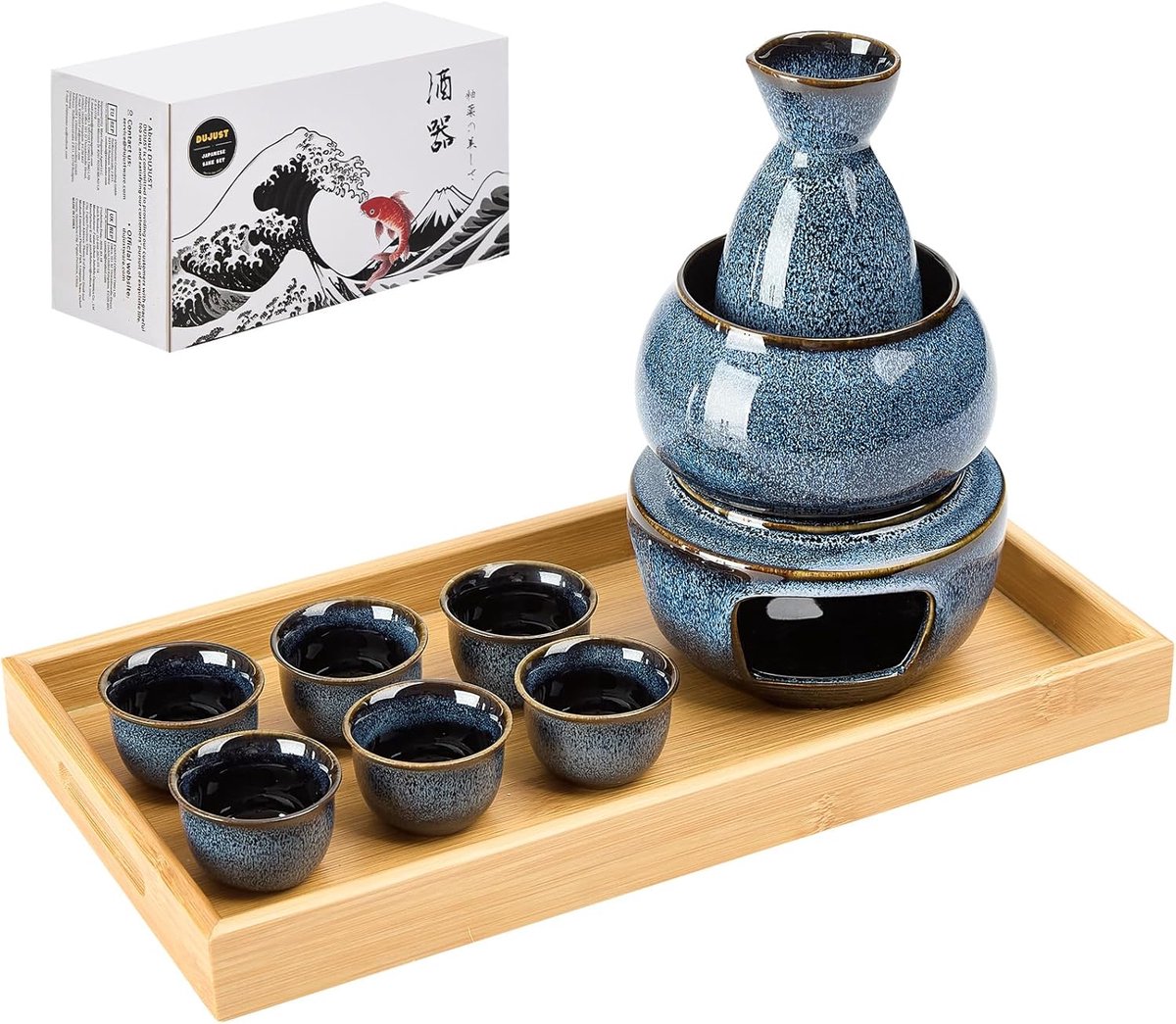 10-delige Japanse Sake-set voor 6, sake-set van geëmailleerd porselein in de oven, 6 kopjes, 1 fles, 1 kachel, 1 kaarsenoven, 1 dienblad en 1 doos, warme kan, set