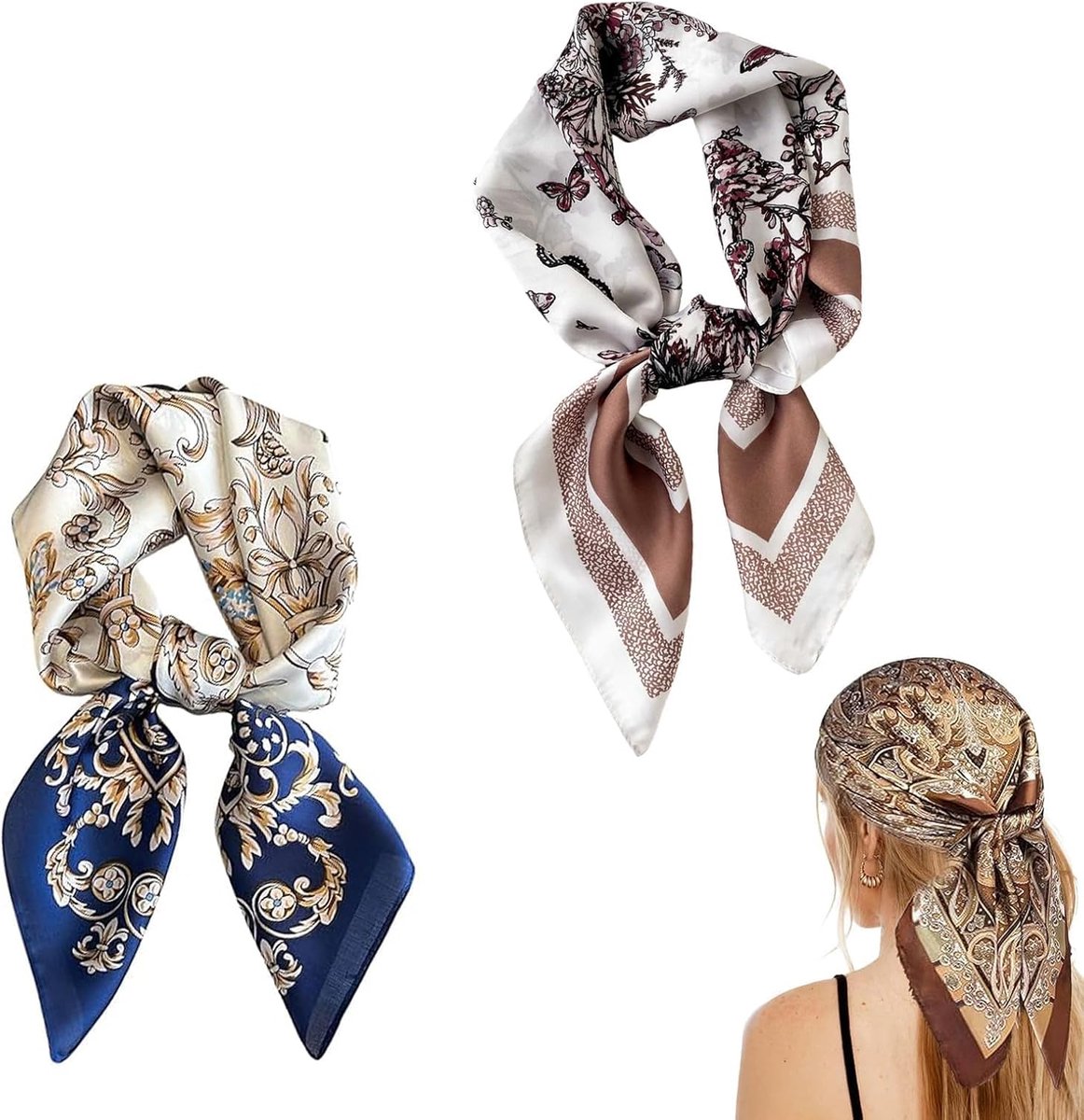 Sjaals, 70 × 70 cm sjaal van imitatiezijde, blauw en bruin bandana dames, 2 verschillende designs zijden doek, voor hals, hoofd en kleding, B, 70