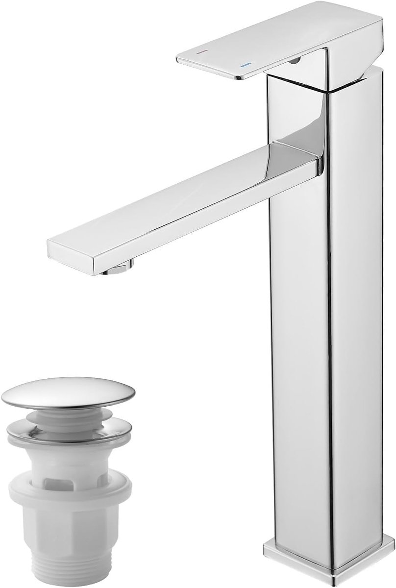 Kraan badkamer met afvoergarnituur, wastafelarmatuur eenhands kleine eengreepsmengkraan roestvrij staal voor wastafel (1, hoogchroom)