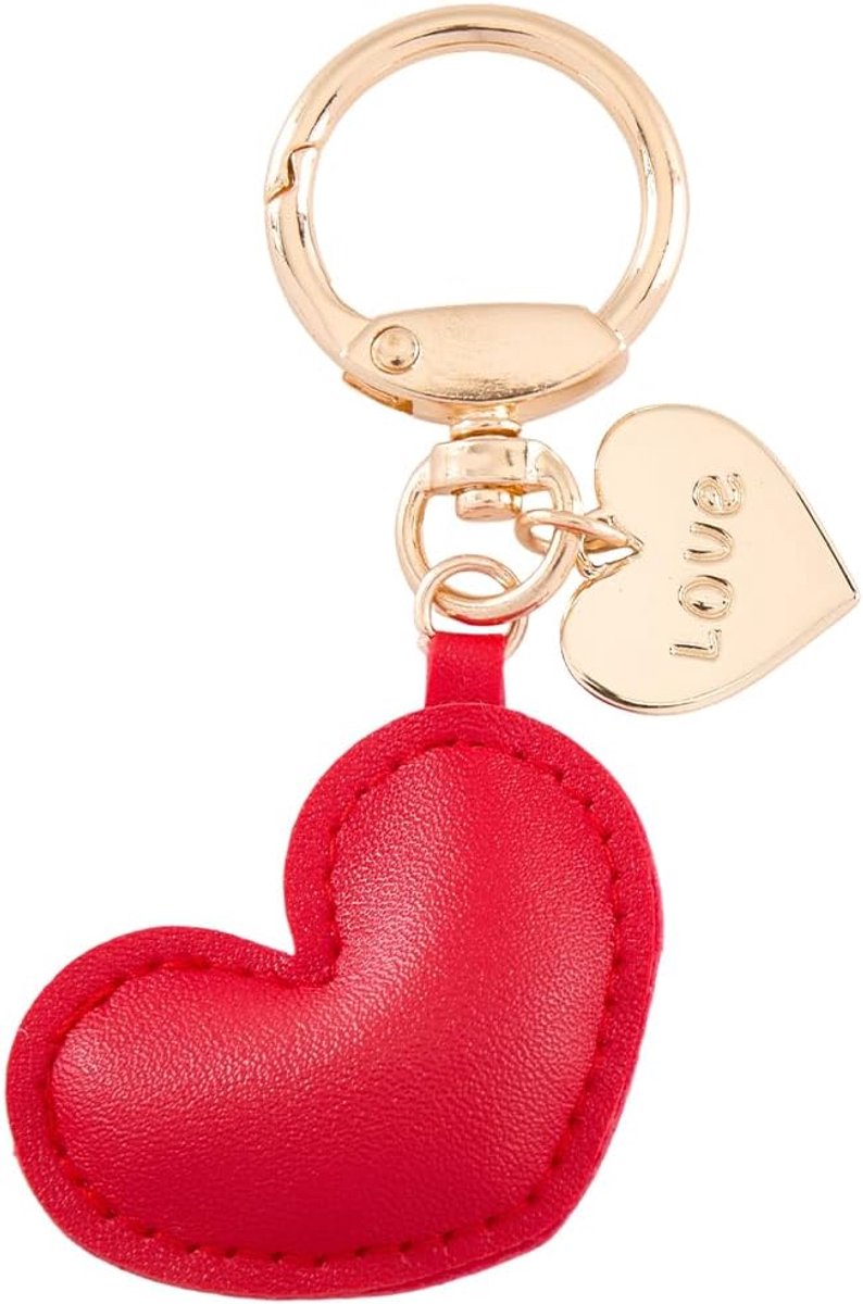Sleutelhanger van kunstleer in hartvorm, mooie versiering met gouden ring, ideaal voor tassen, portemonnees, Valentijnsdagcadeaus (rood)