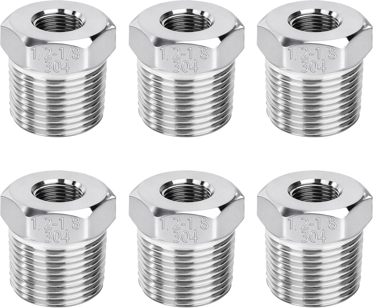 6 stuks verloopstukken van roestvrij staal, zeskantige bus, dubbele nippel 1/2 inch naar 1/8 inch AG/IG reductie buisschroefverbinding, adapterschroefverbinding, verloopgietbuis voor lucht, water