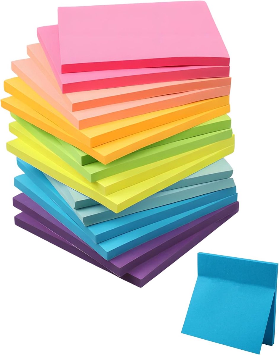 Notes Neon 800 Vellen, 76 x 76 mm Zelfklevende Notitieblaadjes, 8 Neon Kleuren Plaknotities,Sterke Kleefkracht en Herplakbaar,Voor Notities,Kantoor,School en Thuis(16 Blokken × 50 Vellen)