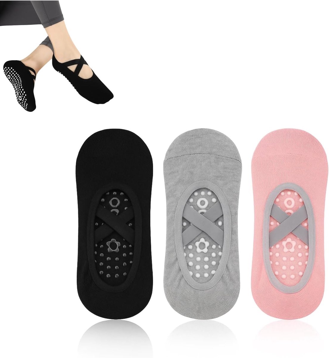 Sokken dames meisjes – antislip sokken set van 4 – grijs zwart roze – pilates balletsokken met band – ademend katoen – voor dans training thuisstudio