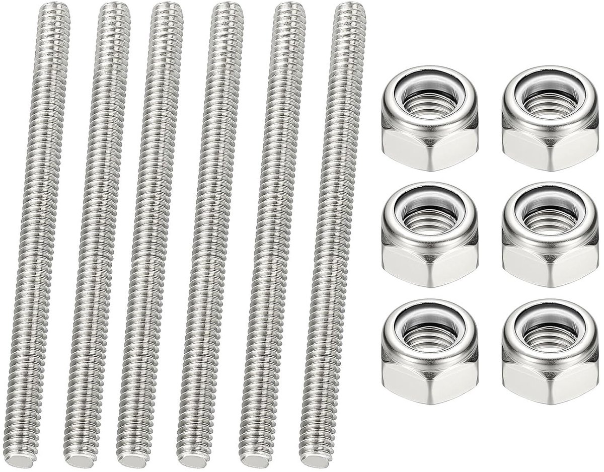 1/4"-20 UNC Volledige Draadstang 90 mm Lengte 304 Roestvrij Staal Rechts Draad Schroefstang Met Moeren Voor Buisklemmen Ophangingen U-bouten 6 stuks