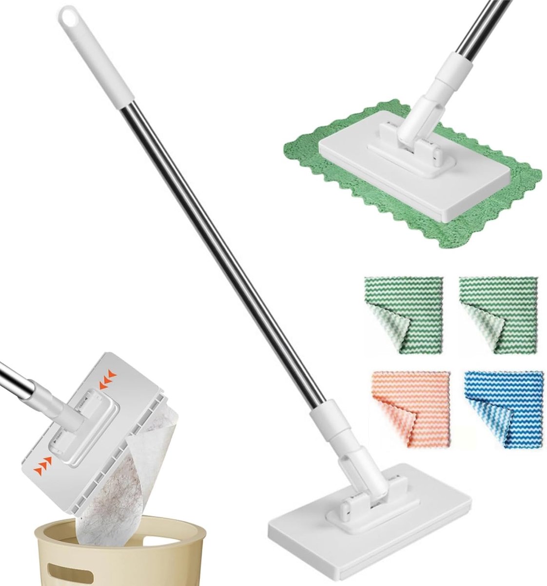 2025 Nieuwe Dweil met Drukklemsysteem, Vloerwissers met 4 Stuks Dweilpads, Handvrij Wassen Dweil 360 Graden Beweegbare Draaikop voor Huishouden Kantoor En Restaurant, ÉÉN Knop om te Wisselen