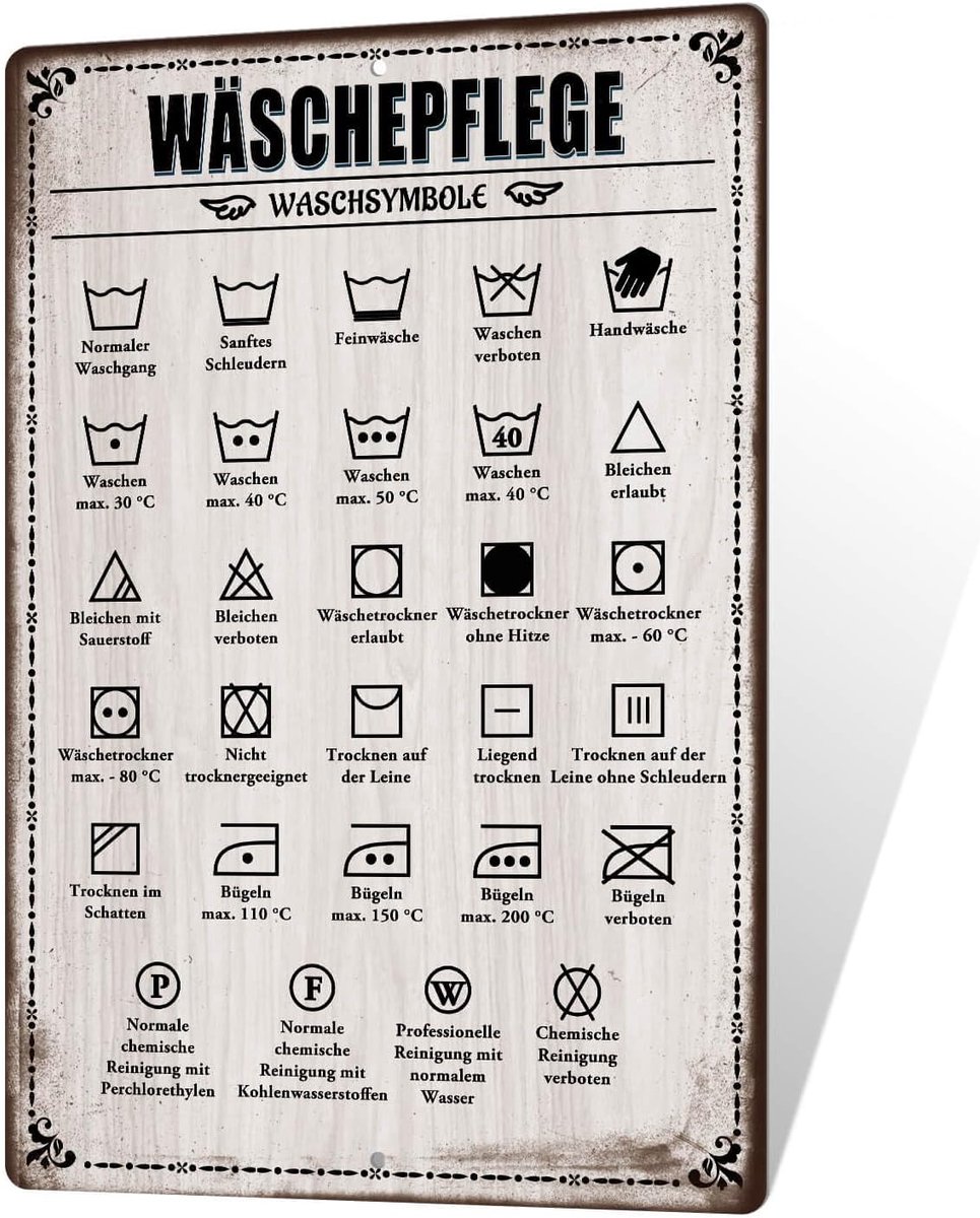 Decor Wasonderhoud metalen bord – wassymbool overzicht voor waskeuken, vintage metalen wanddecoratie, 30 x 20 cm