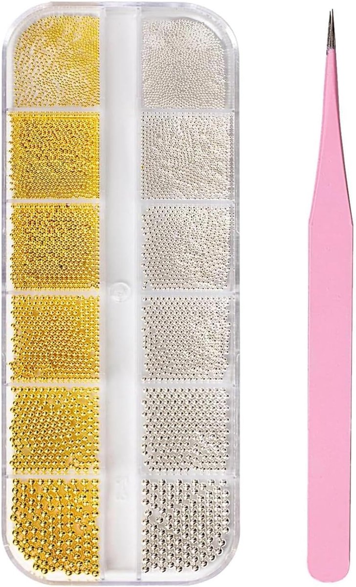 6 maten nagelkralen, nail art, bedel, kaviaarkralen voor nagels, mini-nagelkralen met pincet en opbergdozen, nageldecoratie, kralen, goud- en zilver, nagelbedels voor nagelkunstaccessoires