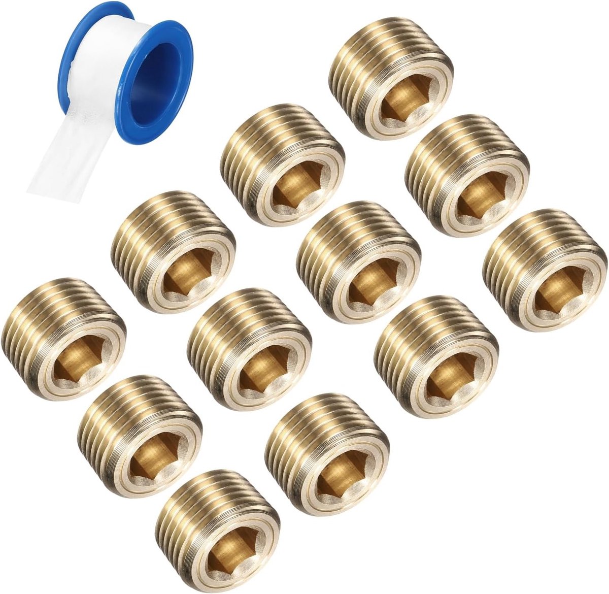 12 stuks 3/8 NPT messing stoppen voor leidingen, mannelijke sluiting met binnenzeskant, verzonken stop voor het afdichten van buisaansluitingen, pneumatisch magneetventiel